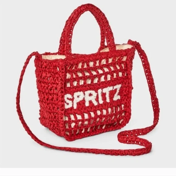 New Universal Thread Spritz Tote Bag Red Woven Paper Straw Crochet Purse Raffia - Picture 3 of 11